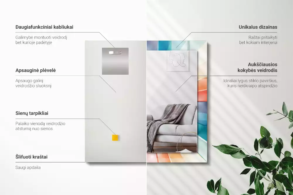 Négyszögletes díszes tükör Színes fénysugarak