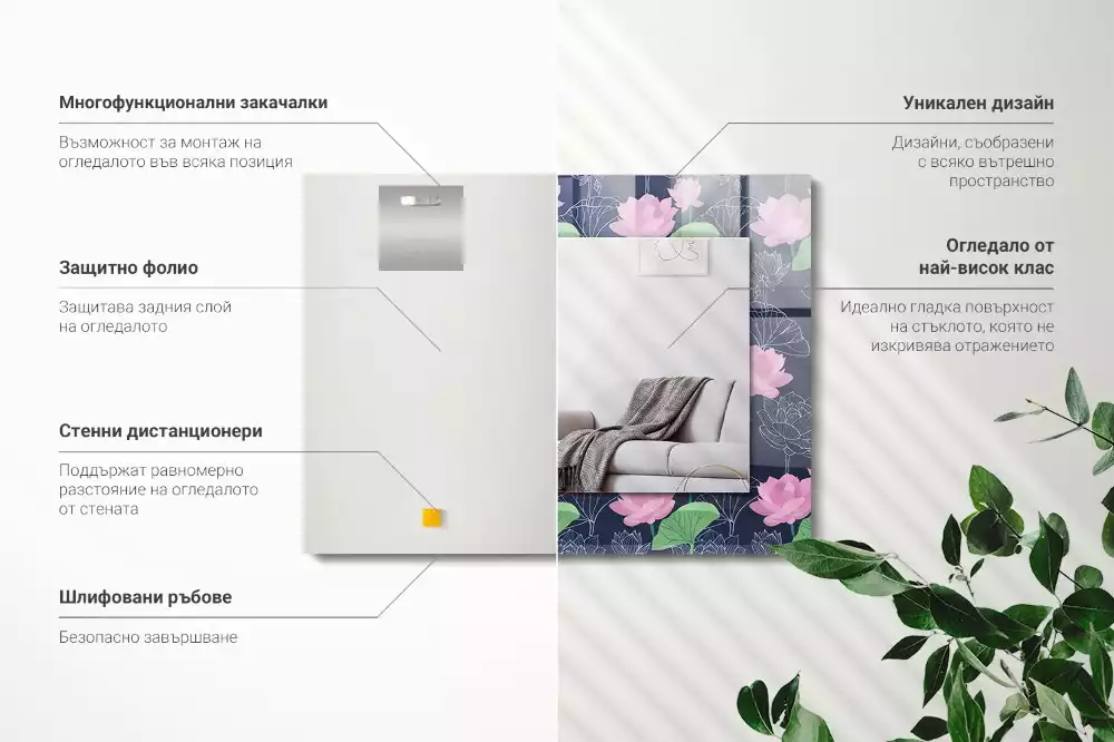 Négyszögletes díszes tükör Rózsaszín lótuszvirág