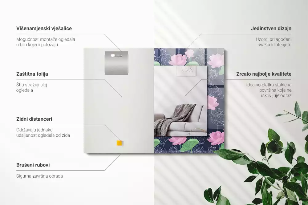 Négyszögletes díszes tükör Rózsaszín lótuszvirág