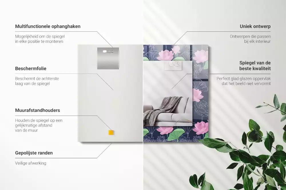 Négyszögletes díszes tükör Rózsaszín lótuszvirág