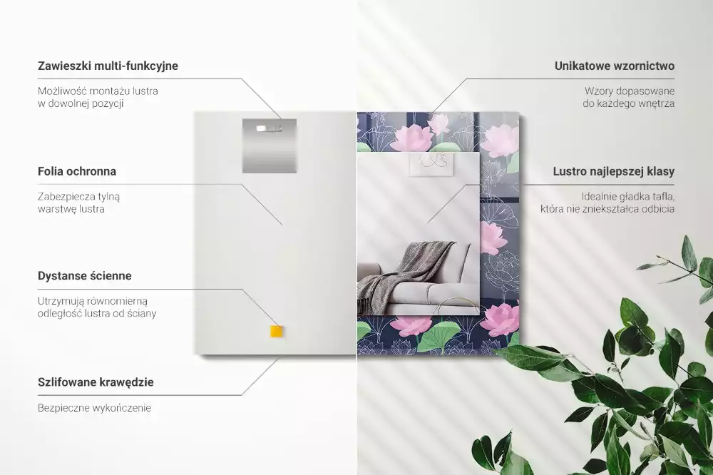 Négyszögletes díszes tükör Rózsaszín lótuszvirág