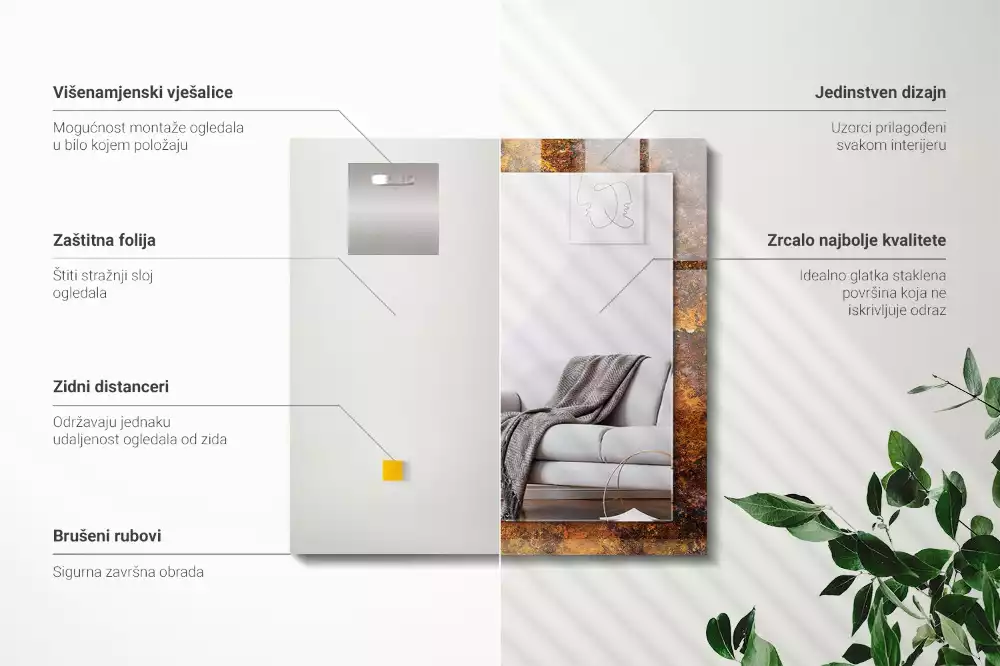 Négyszögletes díszes tükör Rozsdás fém felület