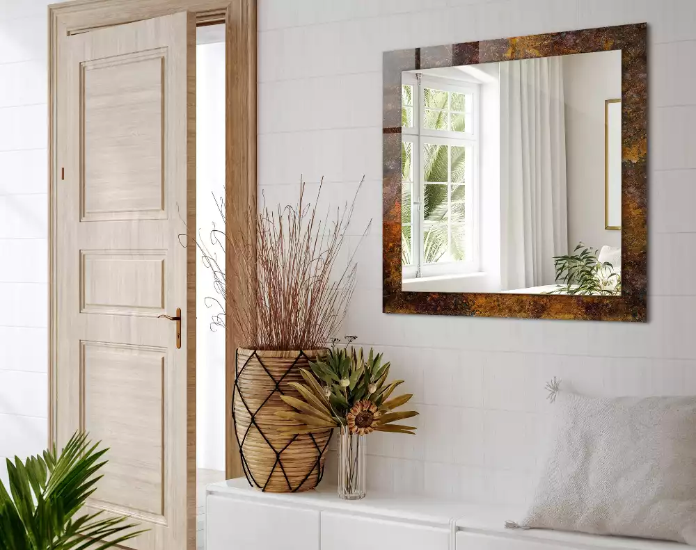 Négyszögletes díszes tükör Rozsdás fém felület