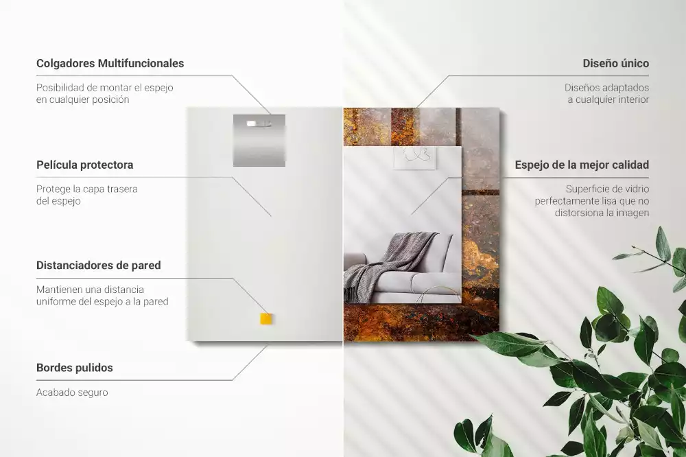 Négyszögletes díszes tükör Rozsdás fém felület