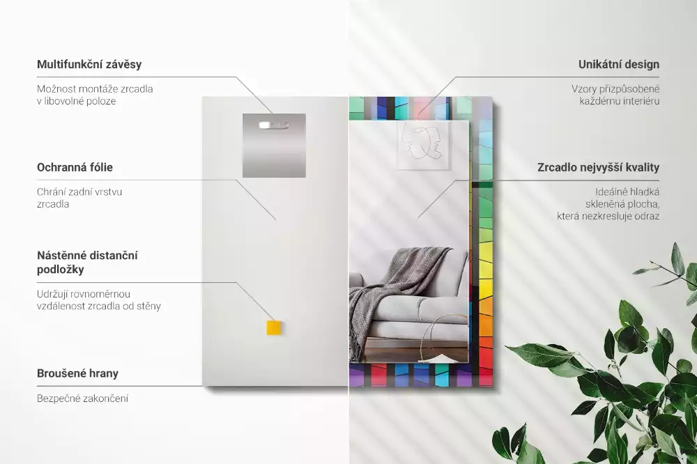 Négyszögletes díszes tükör Színes ólomüveg csíkok