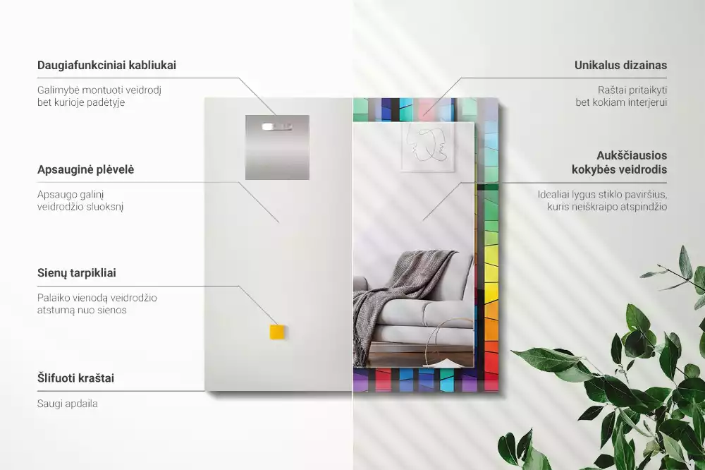 Négyszögletes díszes tükör Színes ólomüveg csíkok