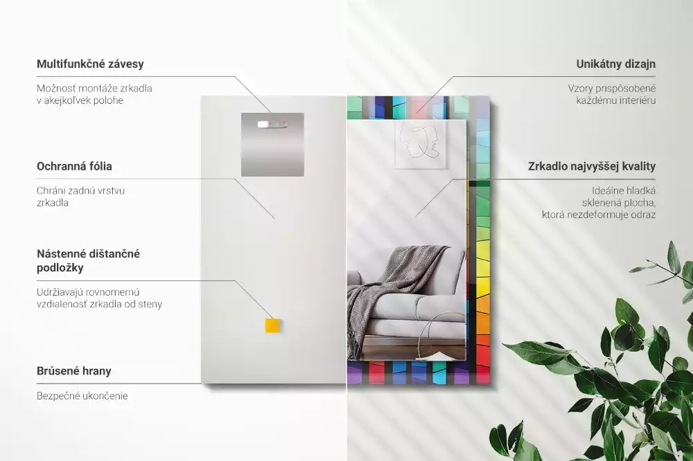 Négyszögletes díszes tükör Színes ólomüveg csíkok