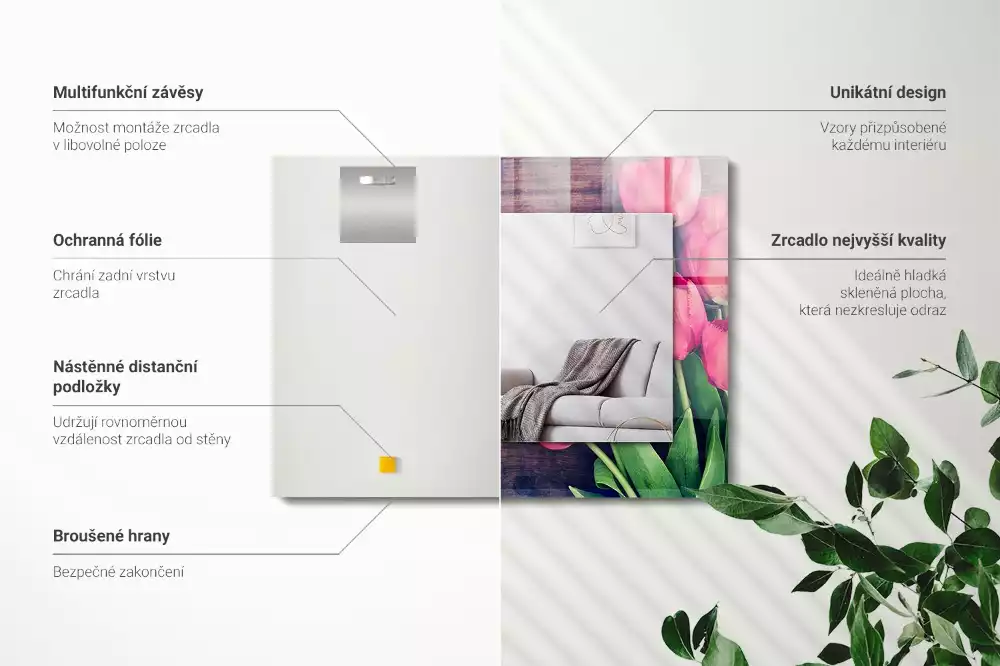 Négyszögletes díszes tükör Rózsaszín tulipán fa