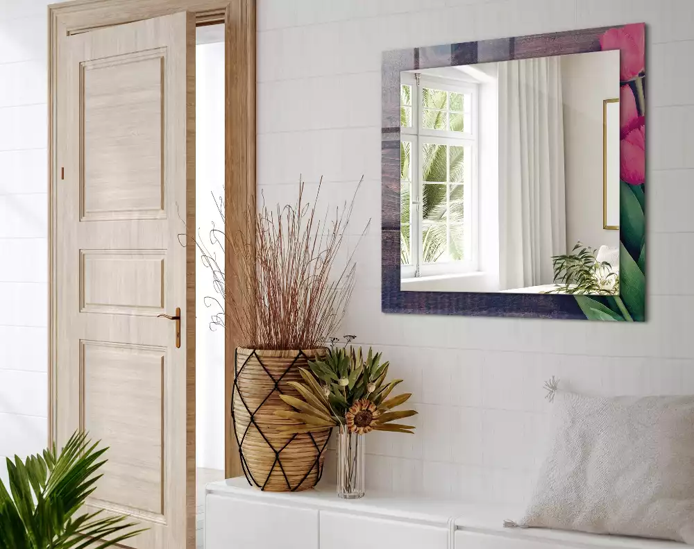 Négyszögletes díszes tükör Rózsaszín tulipán fa