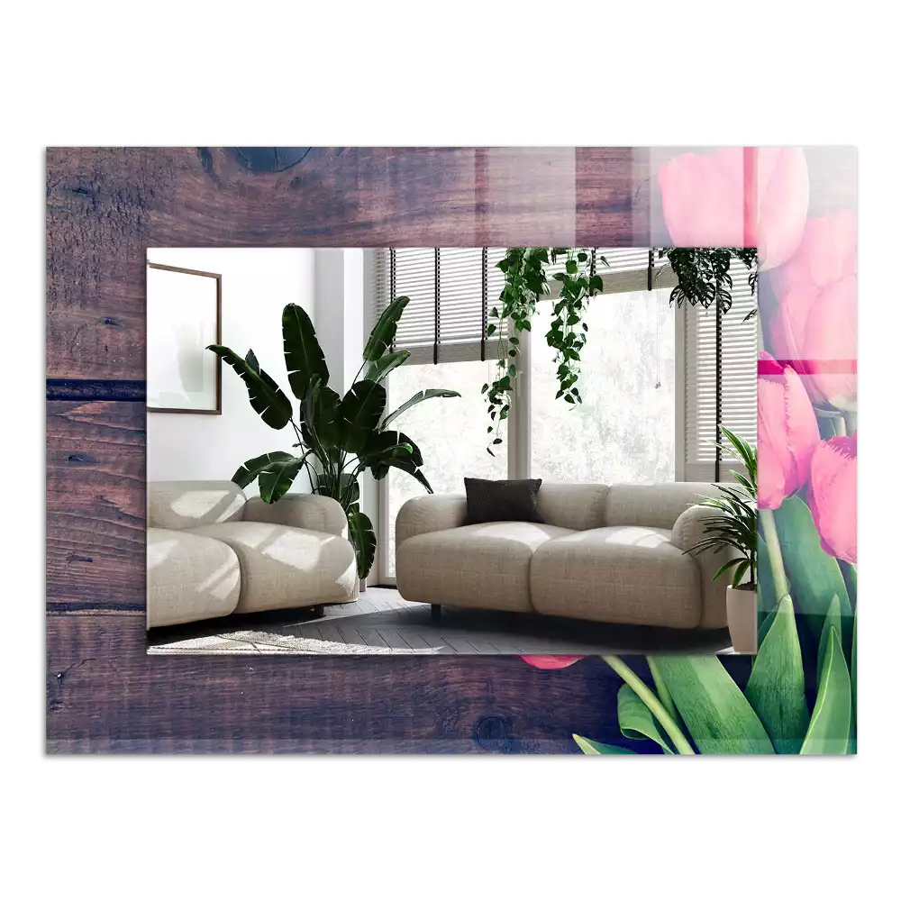 Négyszögletes díszes tükör Rózsaszín tulipán fa