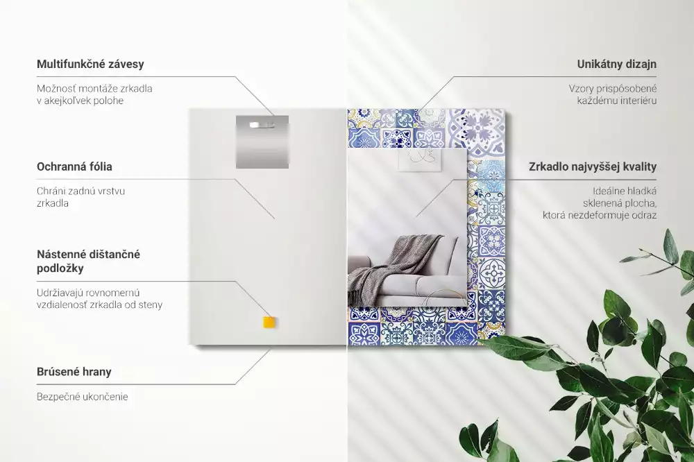 Négyszögletes díszes tükör Színes mozaik csempe