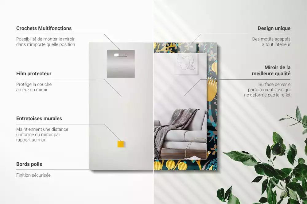 Négyszögletes díszes tükör Virágok levelei minták