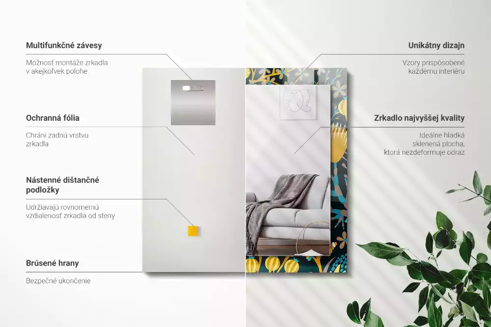 Négyszögletes díszes tükör Virágok levelei minták