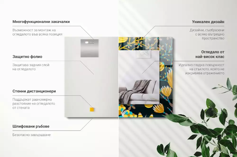 Négyszögletes díszes tükör Virágok levelei minták