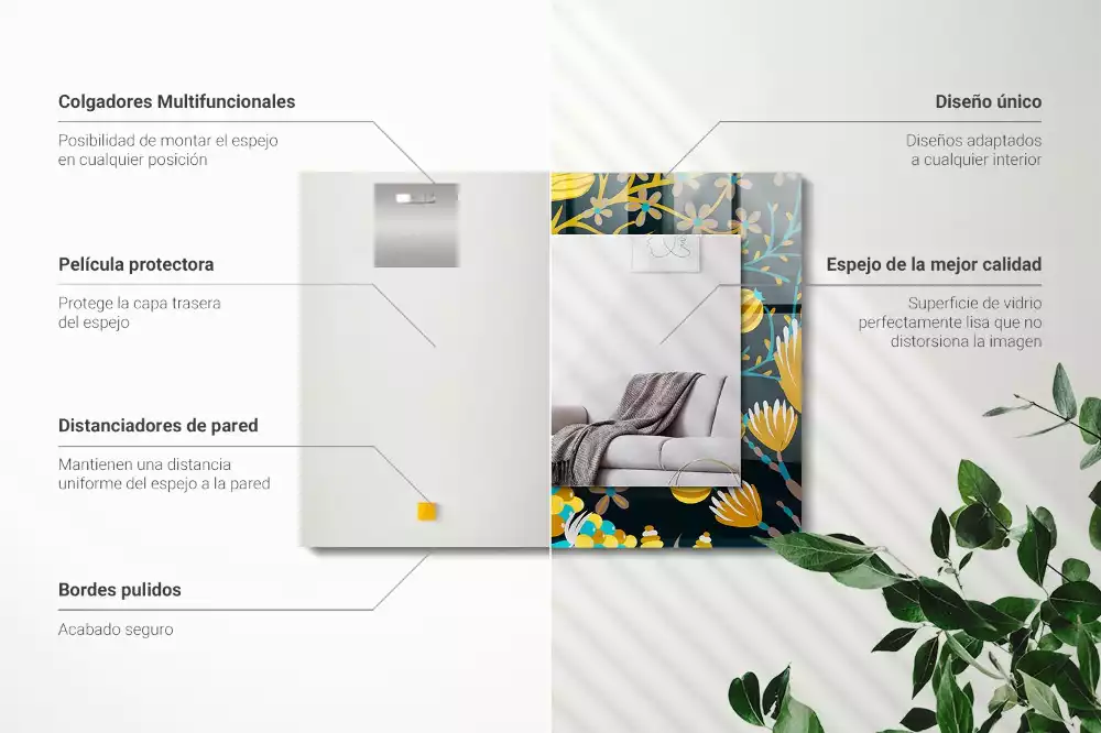 Négyszögletes díszes tükör Virágok levelei minták