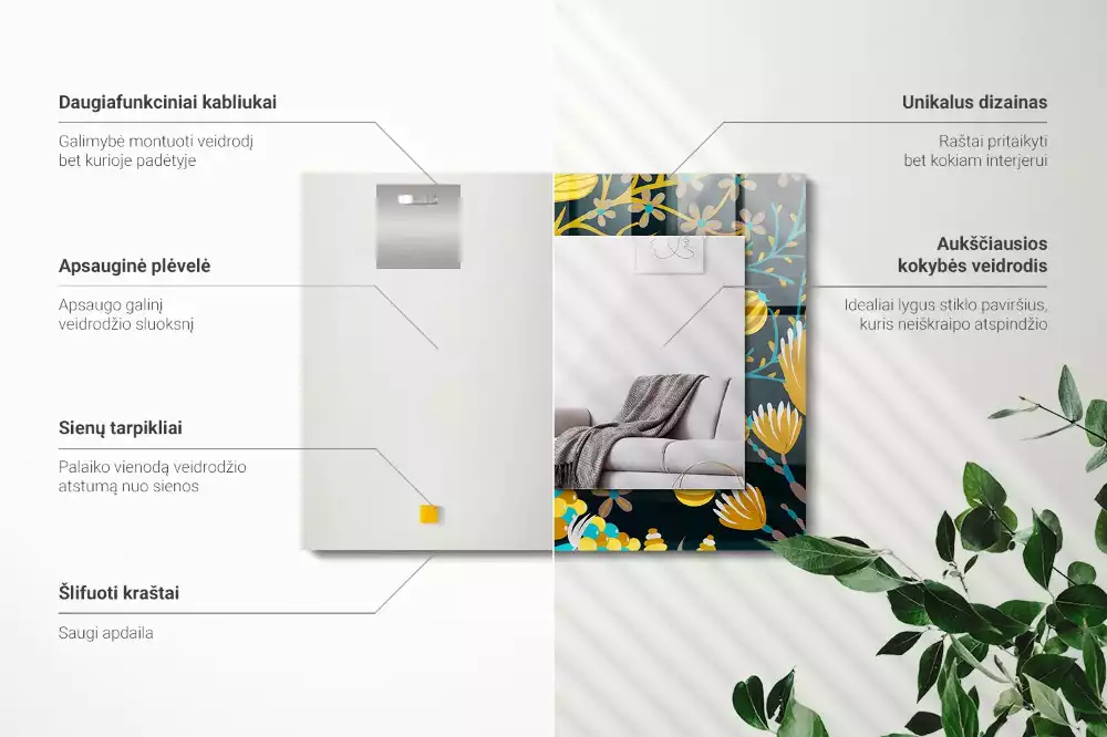 Négyszögletes díszes tükör Virágok levelei minták