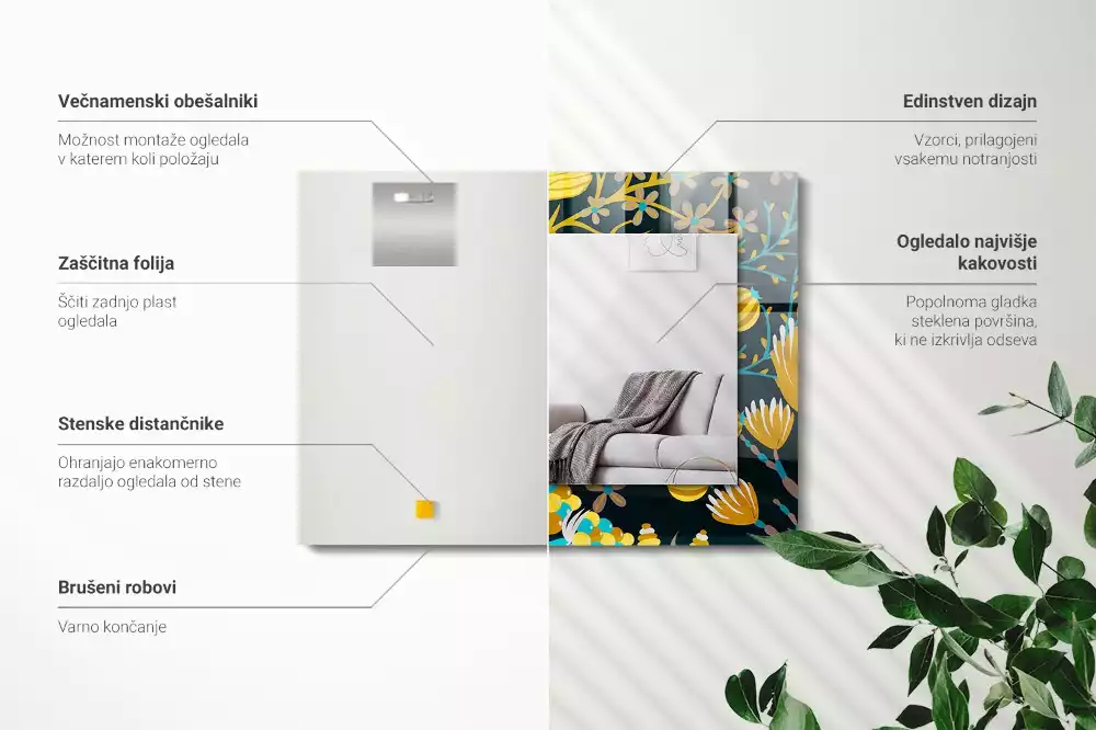 Négyszögletes díszes tükör Virágok levelei minták