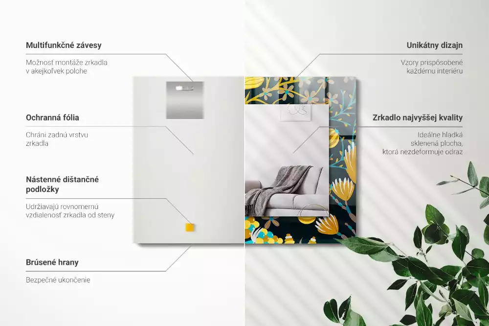 Négyszögletes díszes tükör Virágok levelei minták