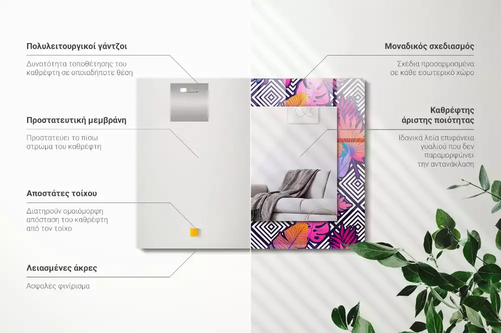 Négyszögletes díszes tükör Színes trópusi levelek