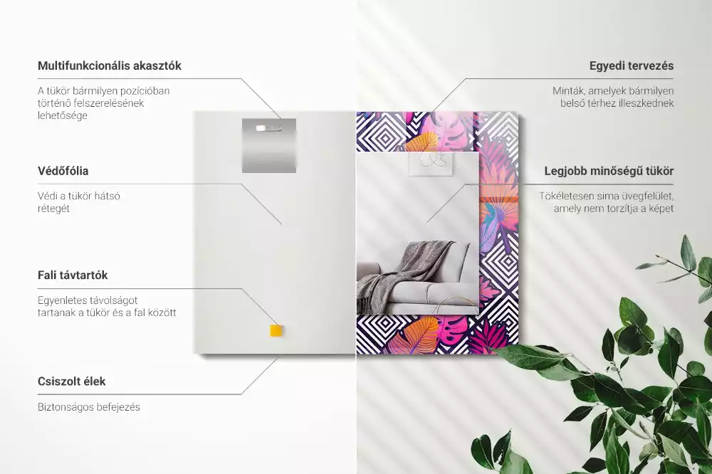 Négyszögletes díszes tükör Színes trópusi levelek