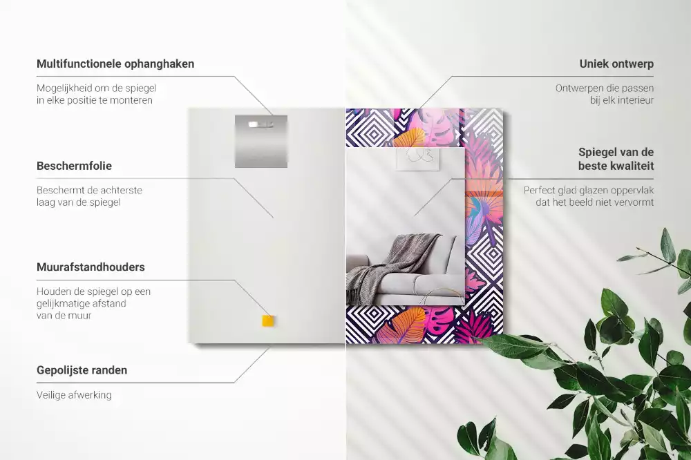 Négyszögletes díszes tükör Színes trópusi levelek