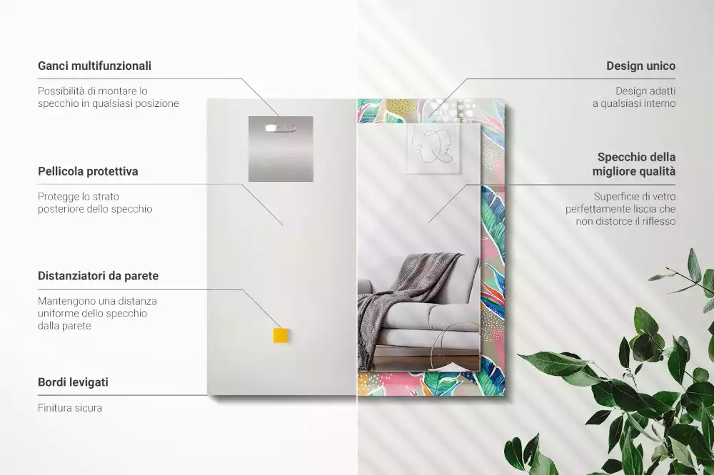 Négyszögletes díszes tükör Virágok és levelek