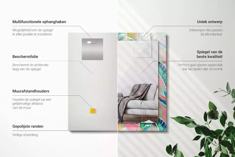 Négyszögletes díszes tükör Virágok és levelek