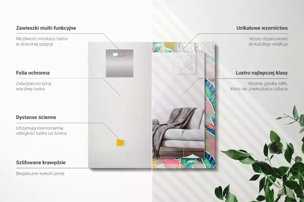 Négyszögletes díszes tükör Virágok és levelek