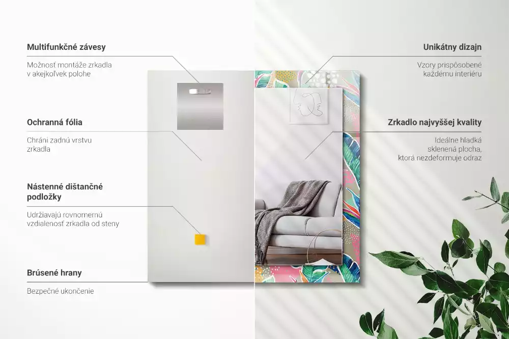 Négyszögletes díszes tükör Virágok és levelek