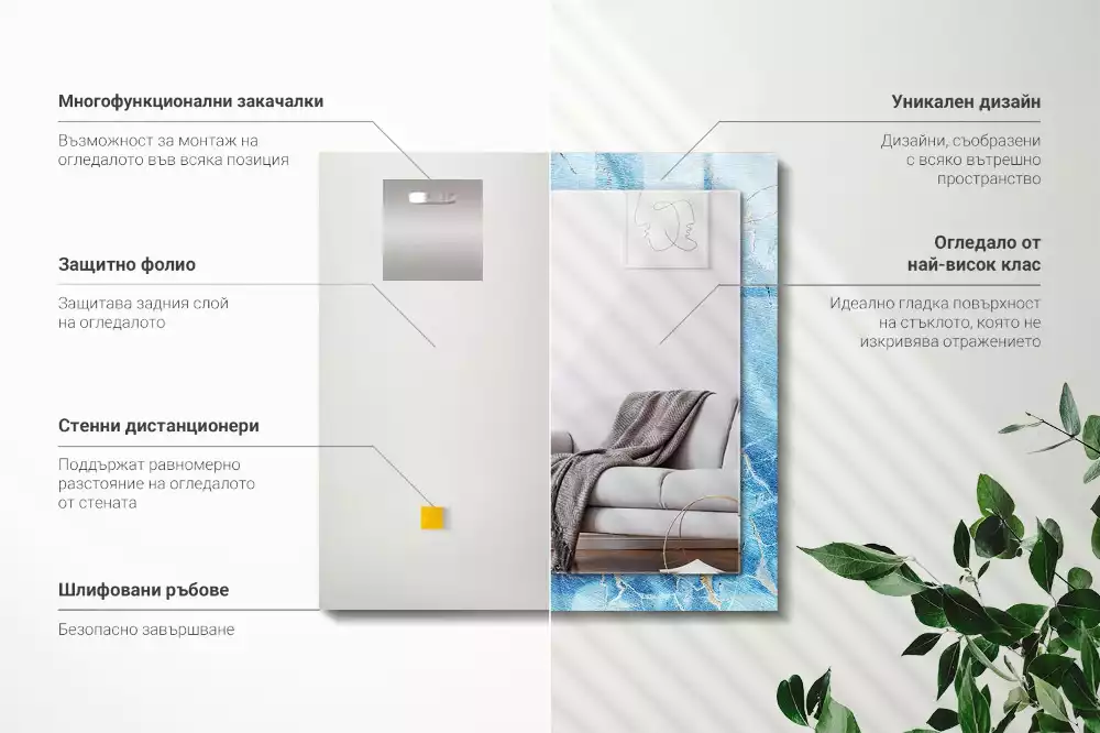 Négyszögletes díszes tükör Kék márvány mintás