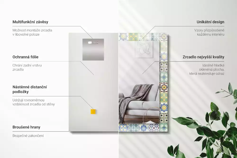 Négyszögletes díszes tükör Színes csempe minták