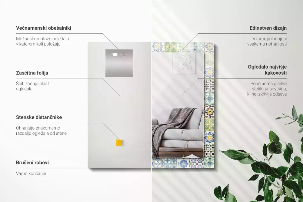 Négyszögletes díszes tükör Színes csempe minták