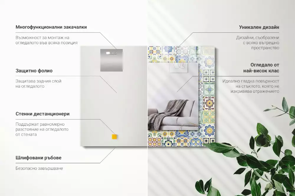 Négyszögletes díszes tükör Színes csempe minták