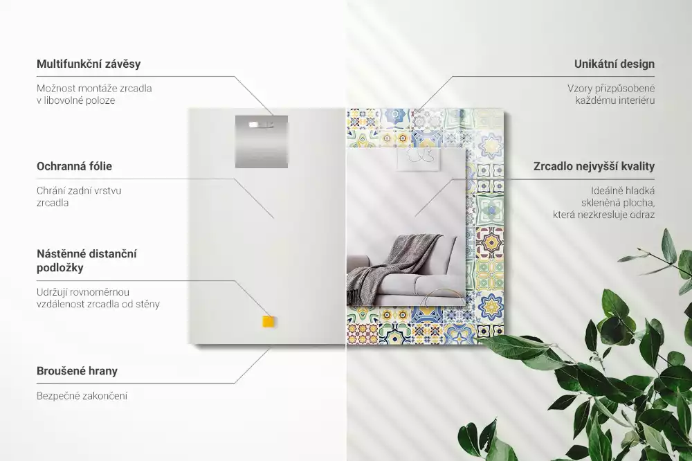 Négyszögletes díszes tükör Színes csempe minták