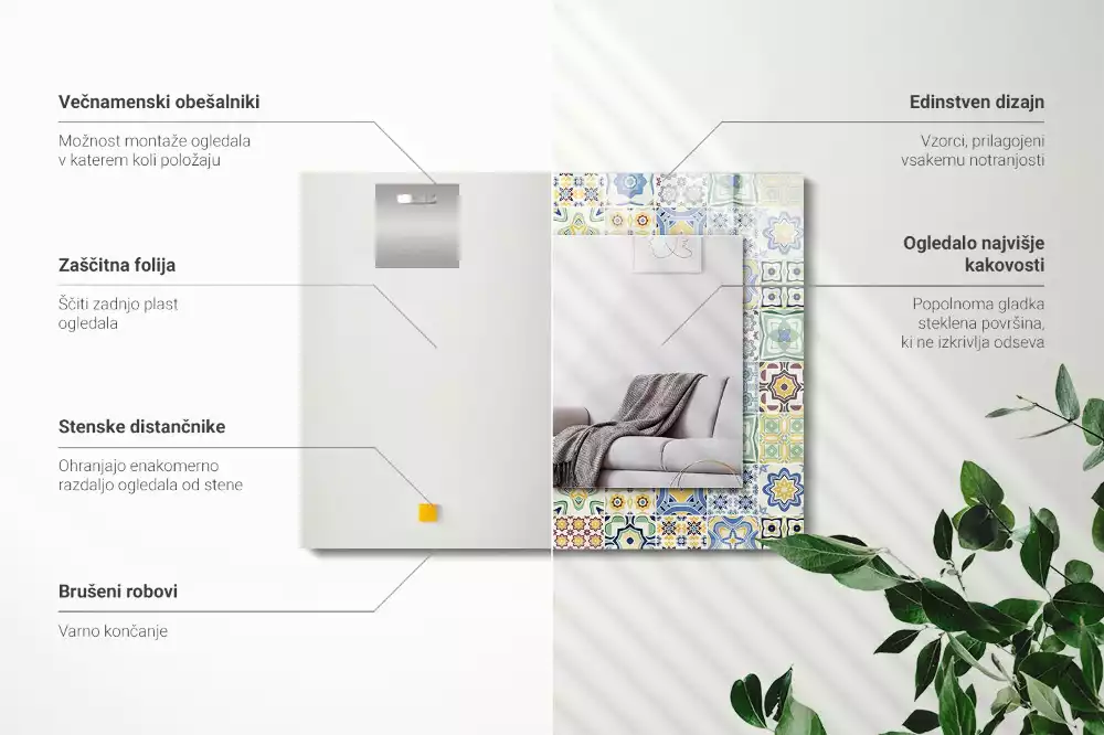 Négyszögletes díszes tükör Színes csempe minták