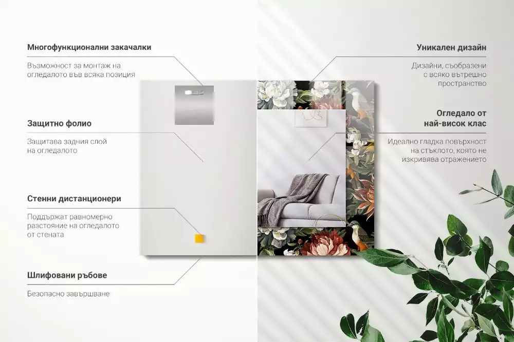 Négyszögletes díszes tükör Virágok és madarak