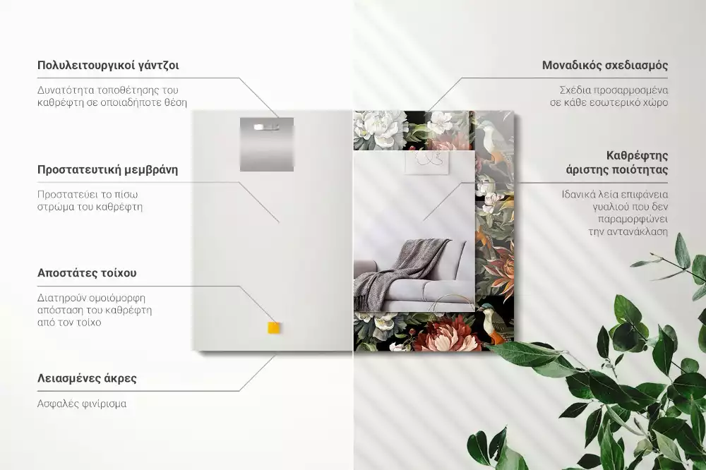 Négyszögletes díszes tükör Virágok és madarak