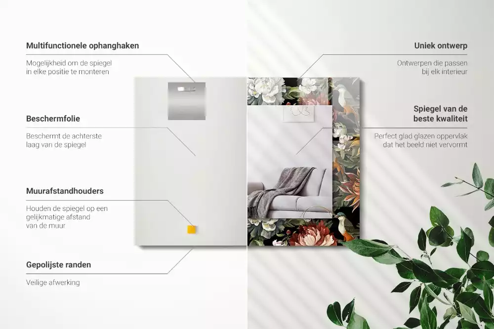 Négyszögletes díszes tükör Virágok és madarak