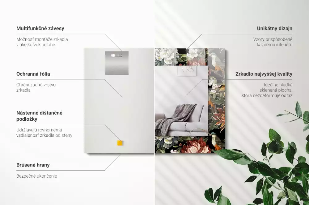 Négyszögletes díszes tükör Virágok és madarak