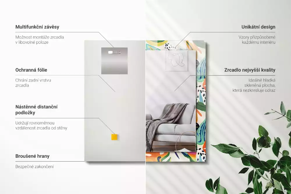 Négyszögletes díszes tükör Színes levelek minta