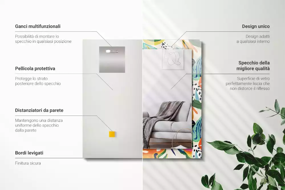 Négyszögletes díszes tükör Színes levelek minta