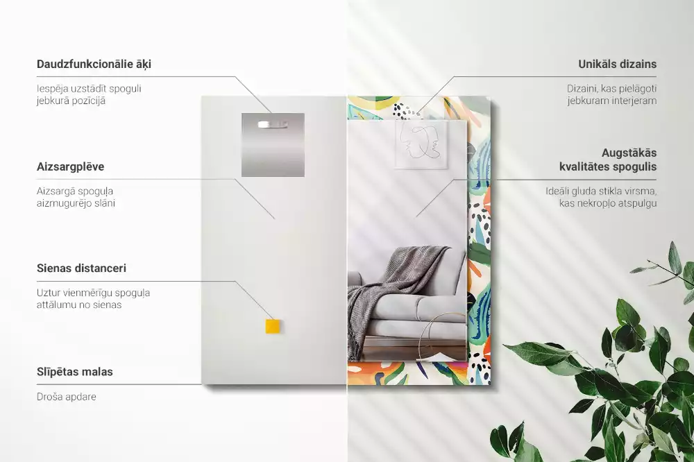 Négyszögletes díszes tükör Színes levelek minta