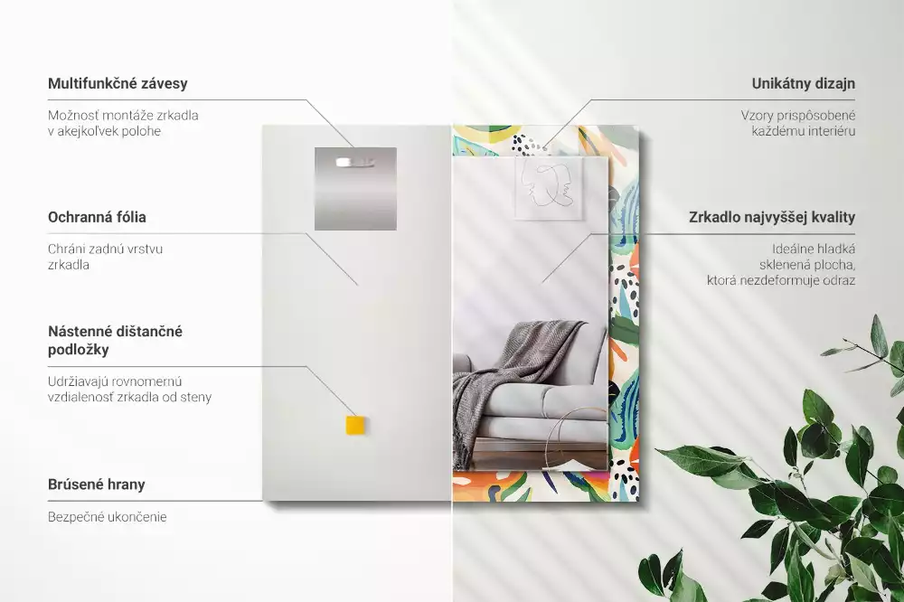 Négyszögletes díszes tükör Színes levelek minta