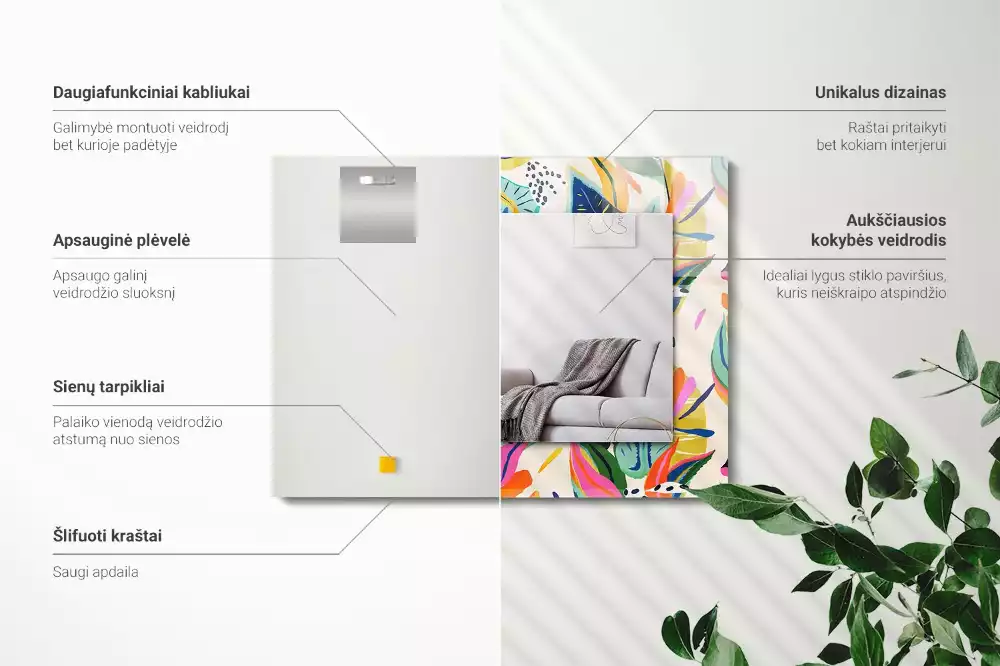 Négyszögletes díszes tükör Színes levelek minta