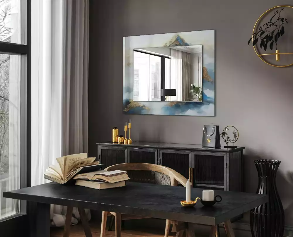 Négyszögletes díszes tükör Hegyek a ködben