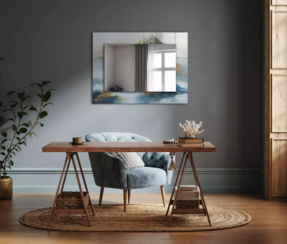 Négyszögletes díszes tükör Hegyek a ködben