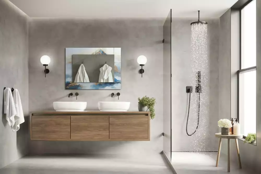 Négyszögletes díszes tükör Hegyek a ködben