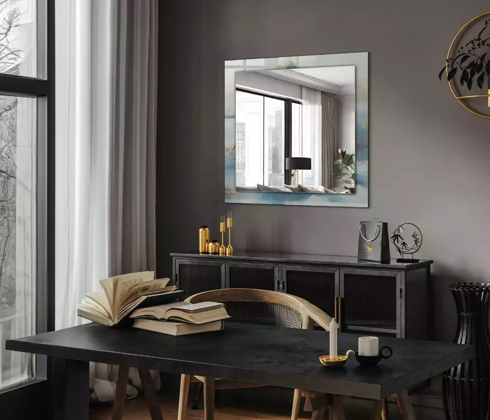 Négyszögletes díszes tükör Hegyek a ködben