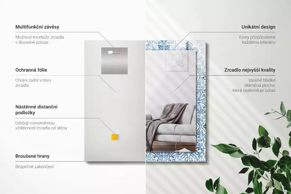 Négyszögletes díszes tükör Kék dekoratív csempe