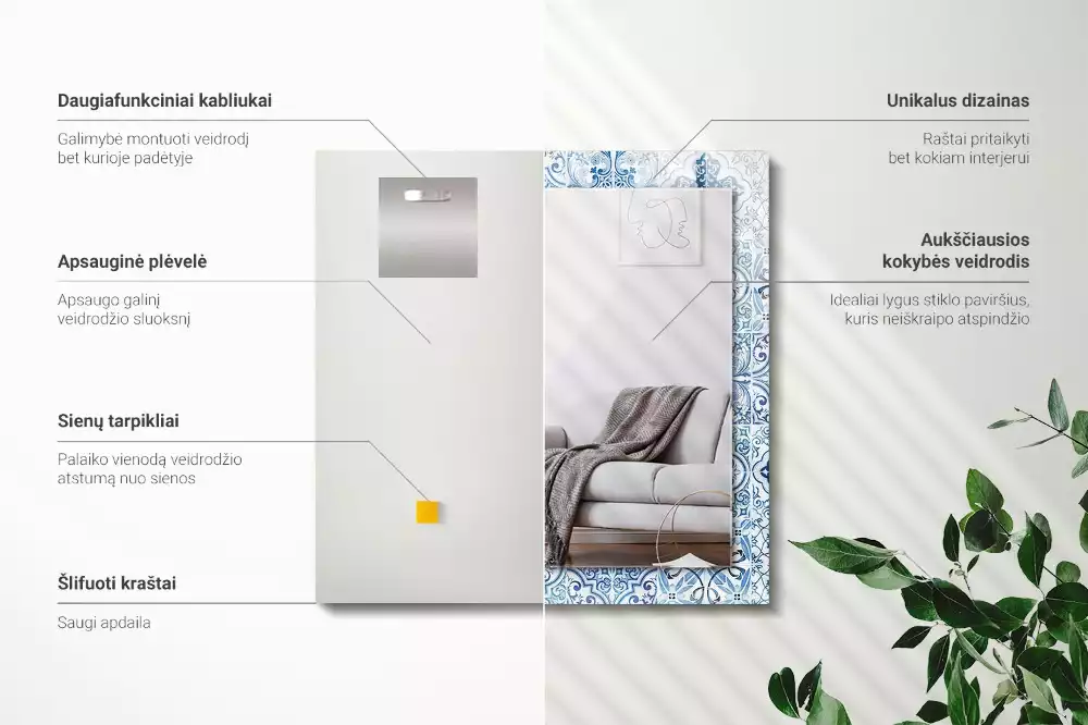 Négyszögletes díszes tükör Kék dekoratív csempe